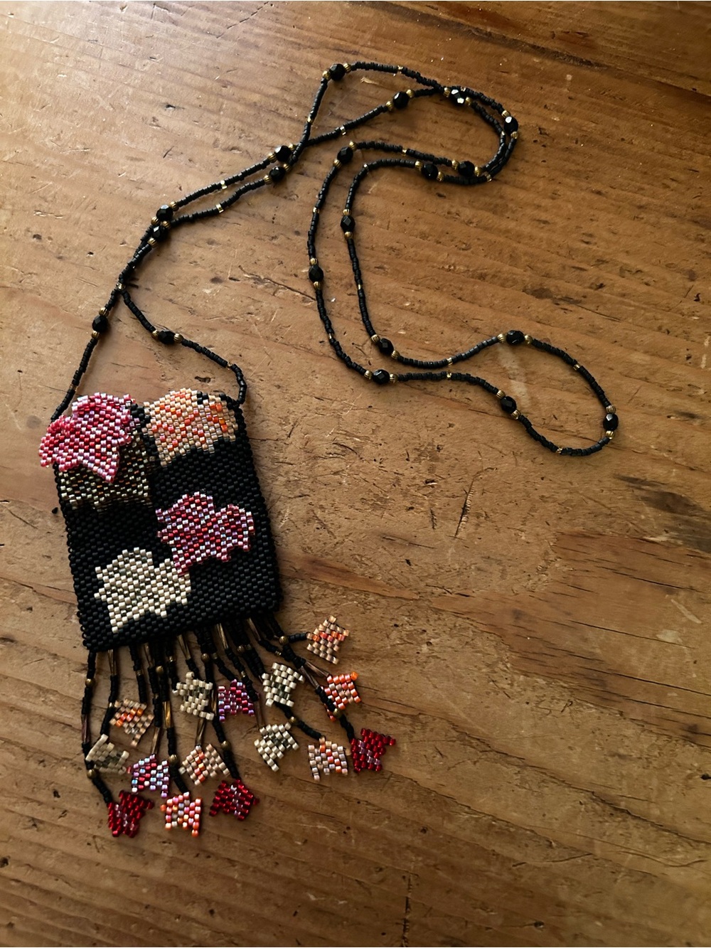 Handmade Black Seed Bead Fringe Necklace with Pink & Red Floral Accents